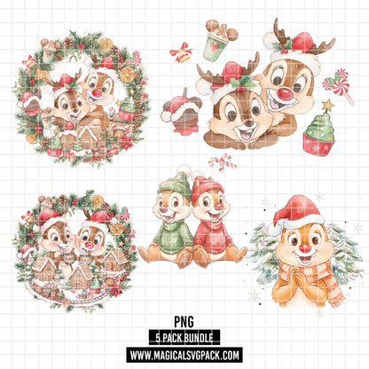 COD7350 - Chip & Dale's Christmas PNG bundle Watercolor, Disney Christmas clipart.