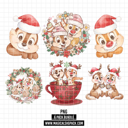 COD7351 - Chip & Dale's Christmas PNG bundle Watercolor, Disney Christmas clipart.