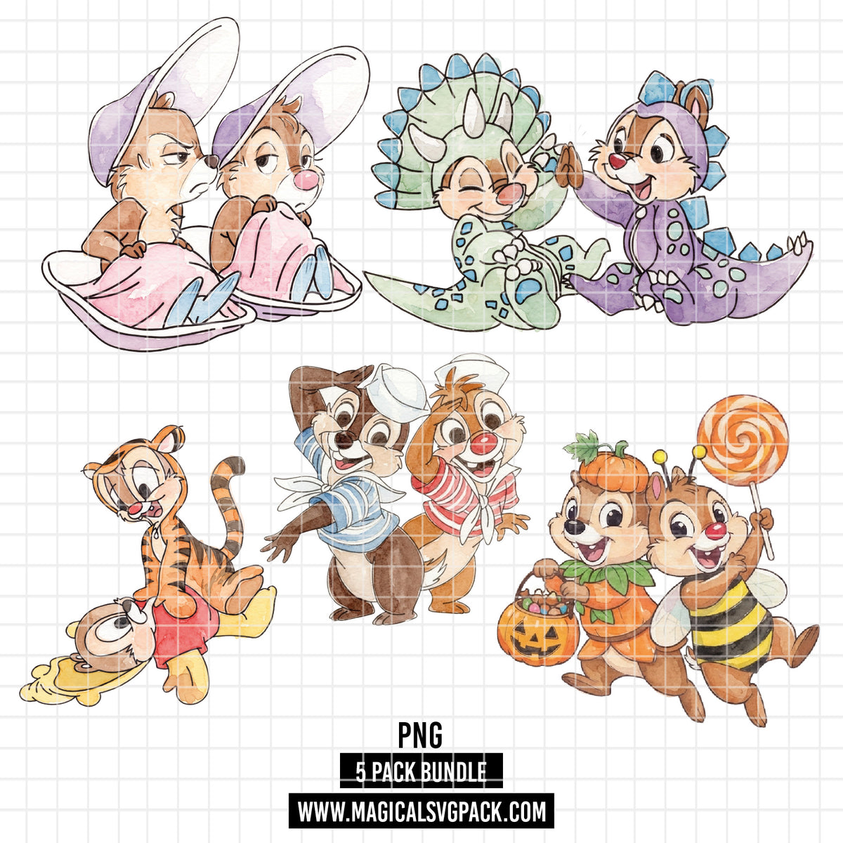 COD7352 - Chip & Dale PNG bundle Watercolor, Disney clipart.