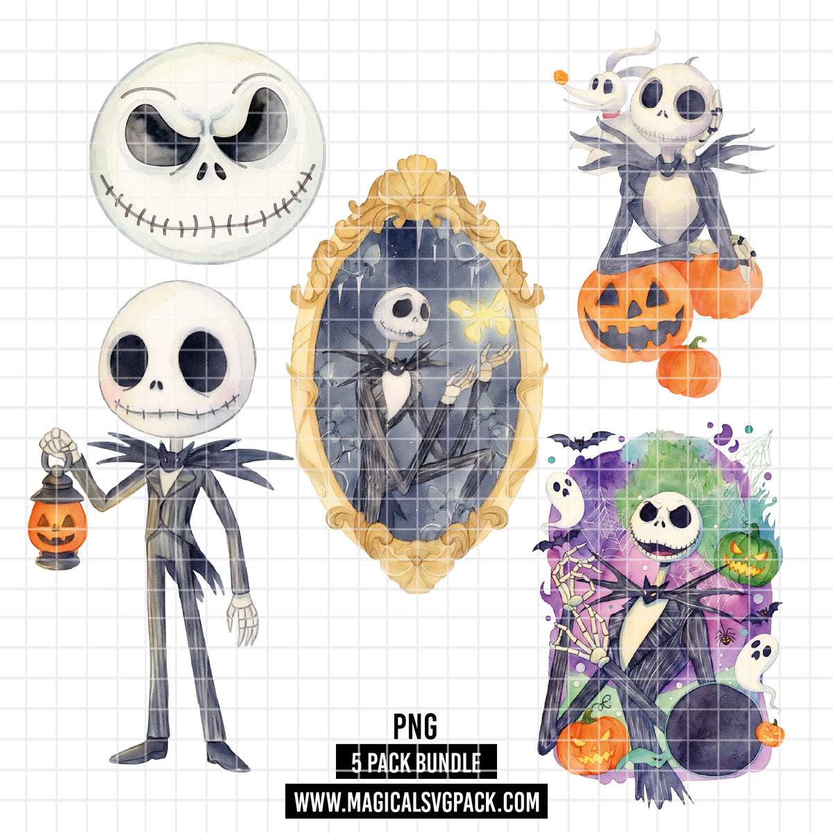 COD7363 - Jack Skellington PNG bundle Watercolor, Disney Halloween clipart.