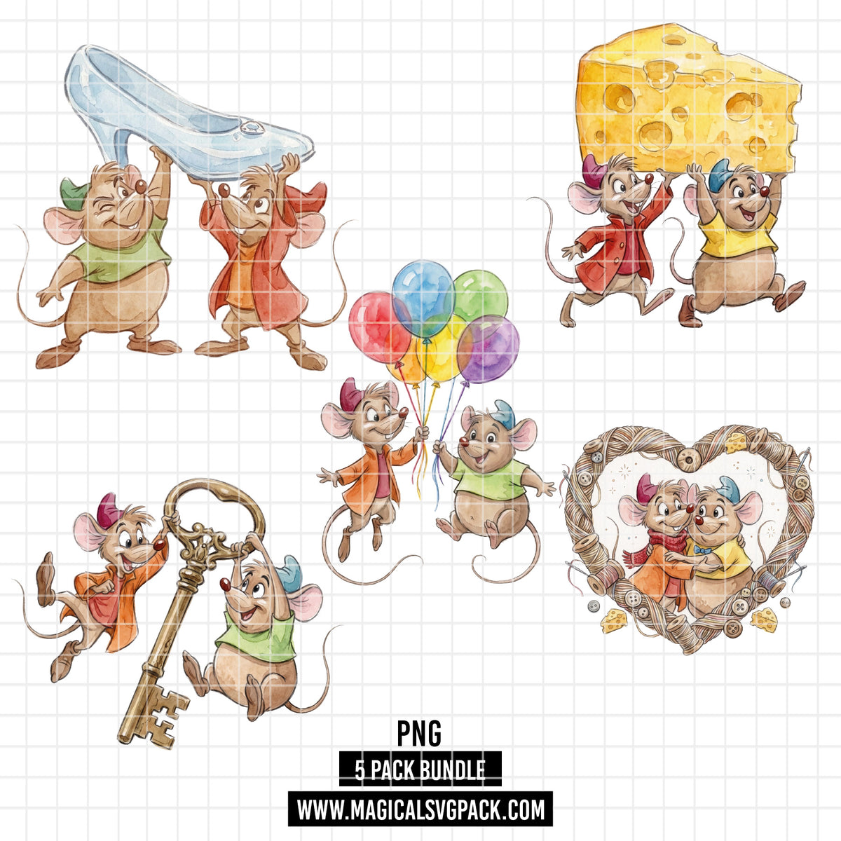 COD7376 - Jack & Gus Gus PNG bundle Watercolor, Disney clipart.