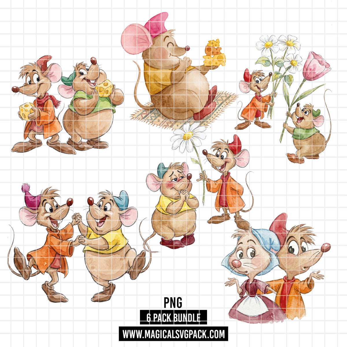 COD7378 - Jack & Gus Gus PNG bundle Watercolor, Disney clipart.
