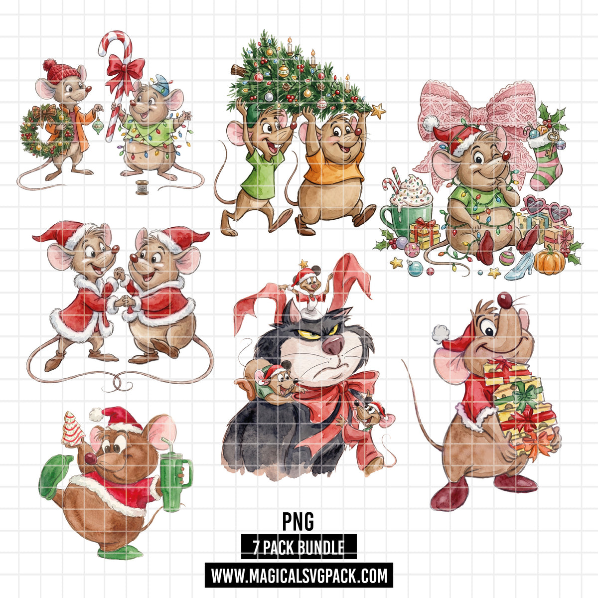 COD7382 - Lucifer, Jack & Gus Gus in Christmas PNG bundle Watercolor, Disney clipart.