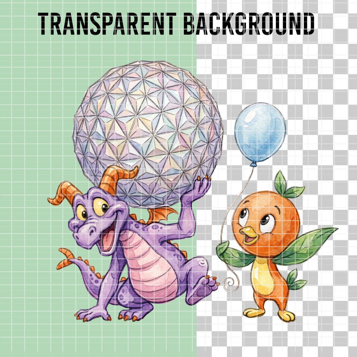 COD7395 - Figment & Orange Bird PNG bundle Watercolor, Disney clipart.