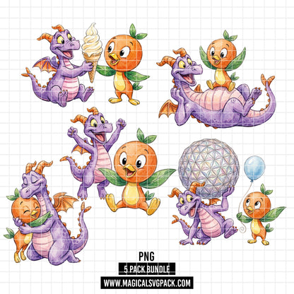 COD7395 - Figment & Orange Bird PNG bundle Watercolor, Disney clipart.