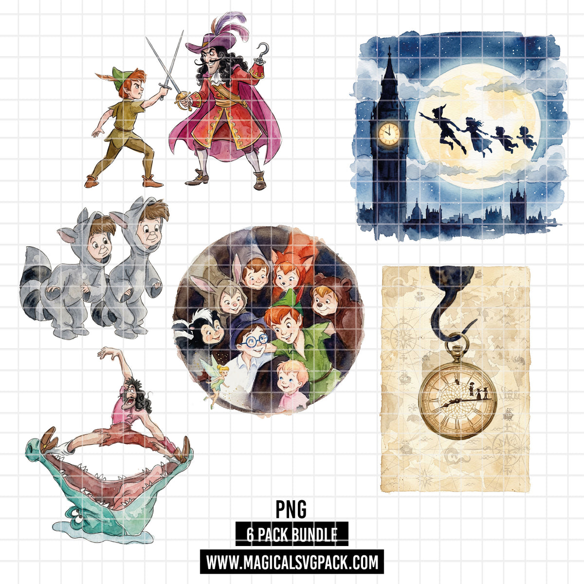 COD7406 - Peter Pan characters PNG bundle Watercolor, Disney clipart.