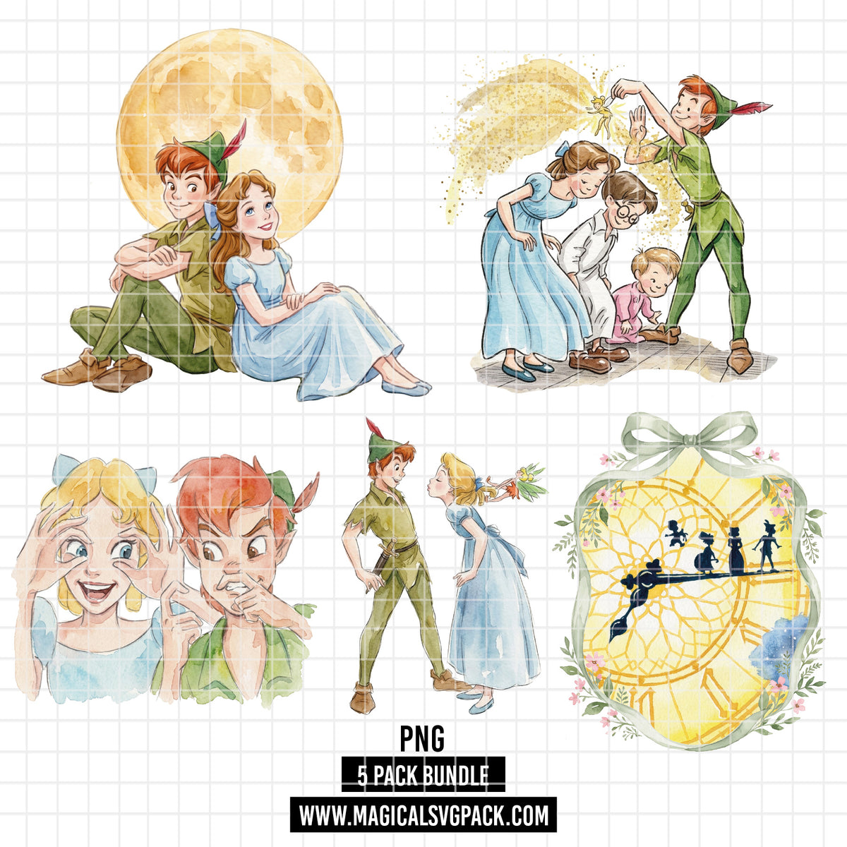 COD7407 - Peter Pan & Wendy PNG bundle Watercolor, Disney clipart.