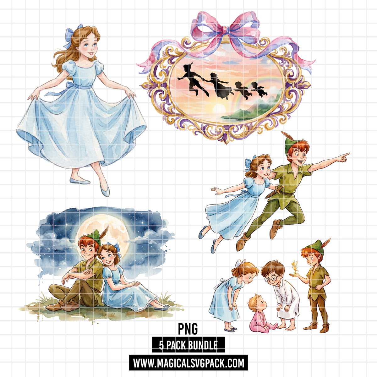 COD7408 - Peter Pan's World PNG bundle Watercolor, Disney clipart.