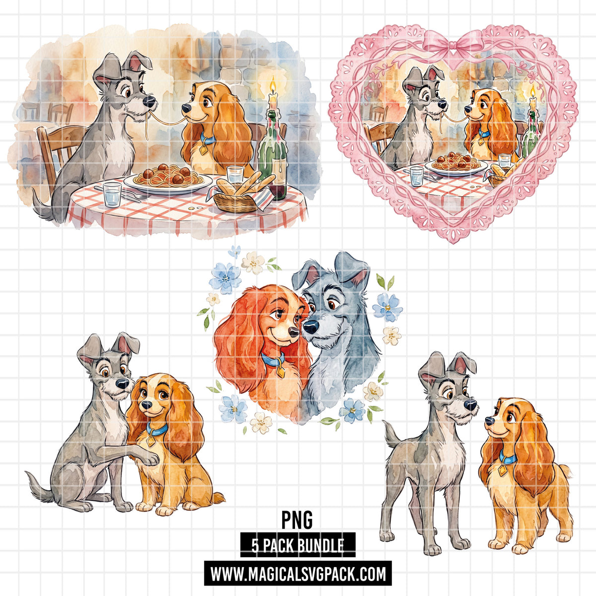 COD7415 - Lady and the Tramp Watercolor PNG bundle, Disney packs