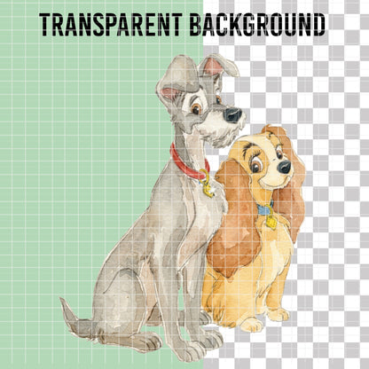 COD7417 - Lady and the Tramp Watercolor PNG bundle, Disney packs