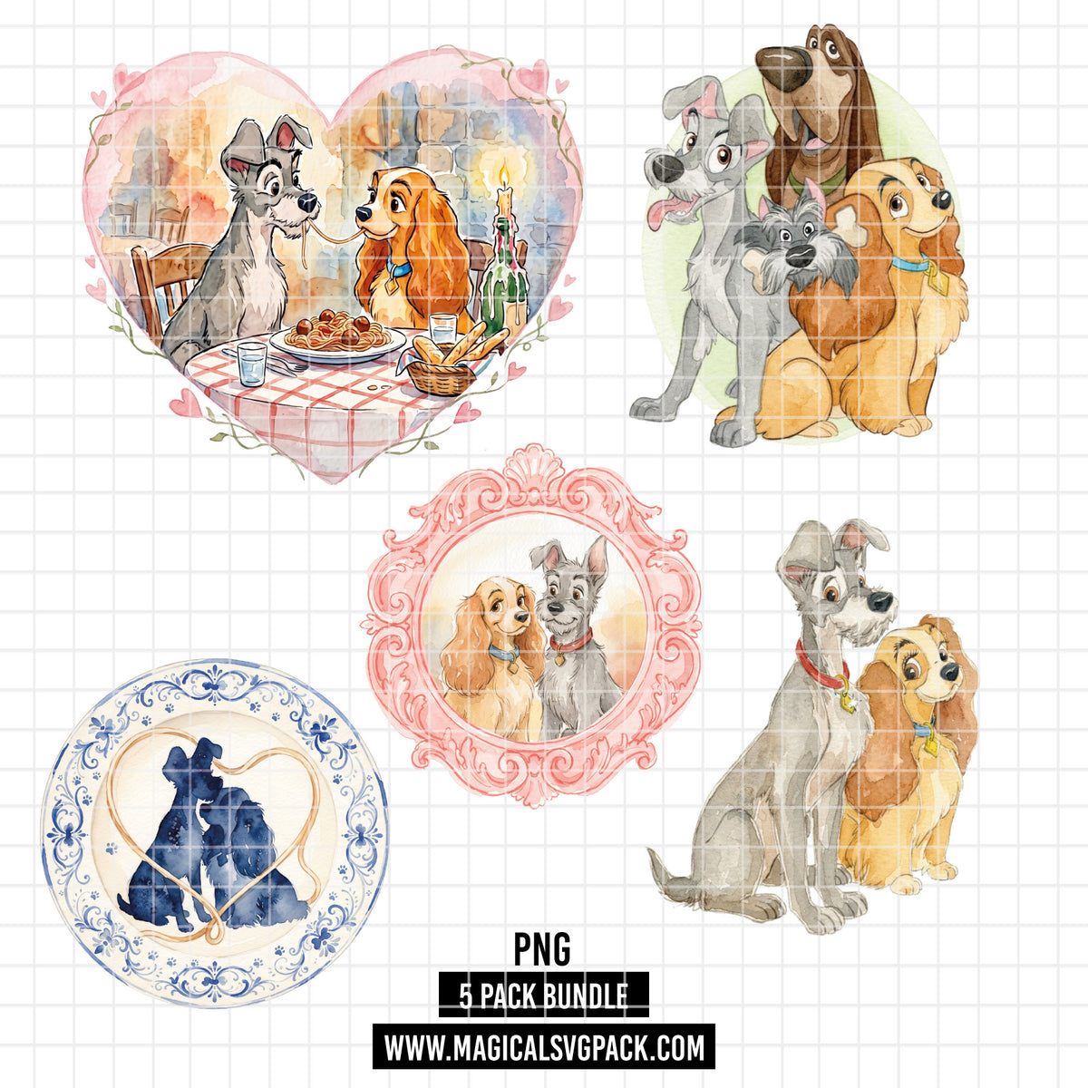 COD7418 - Lady and the Tramp Watercolor PNG bundle, Disney packs