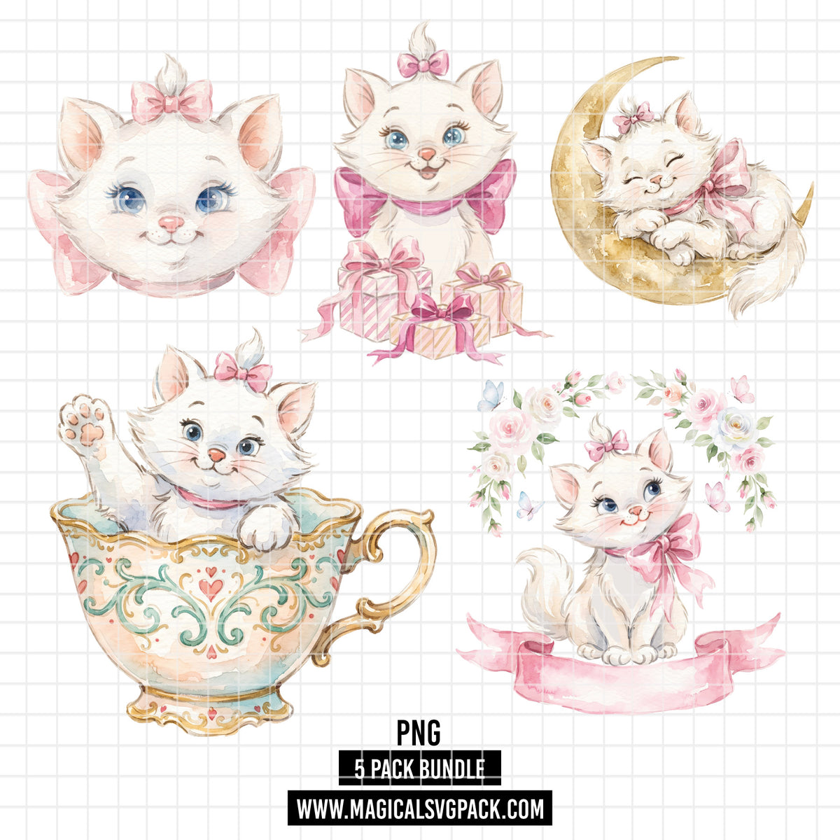 COD7435 - Marie Watercolor PNG bundle, Disney clipart packs