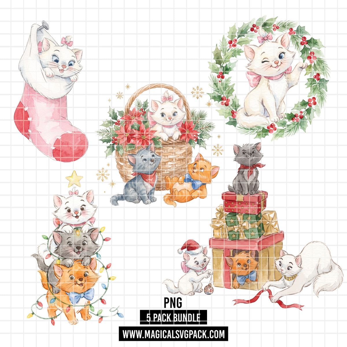 COD7438 - The aristocats Christmas Watercolor PNG bundle, Disney clipart packs