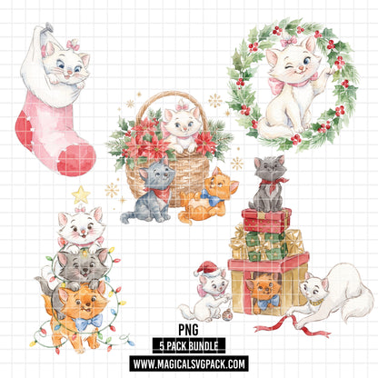COD7438 - The aristocats Christmas Watercolor PNG bundle, Disney clipart packs