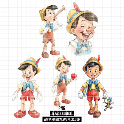 COD7455 - Pinocchio Watercolor PNG bundle, Disney clipart packs.