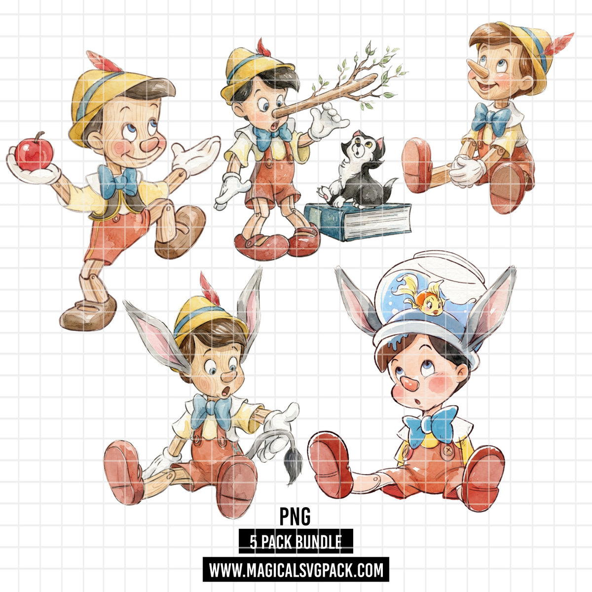 COD7456 - Pinocchio Watercolor PNG bundle, Disney clipart packs.