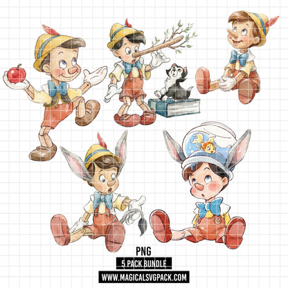 COD7456 - Pinocchio Watercolor PNG bundle, Disney clipart packs.