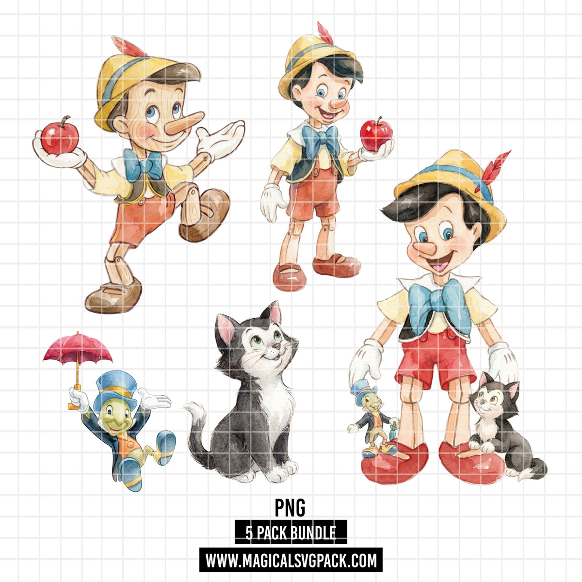 COD7457 - Pinocchio & Friends Watercolor PNG bundle, Disney clipart packs.