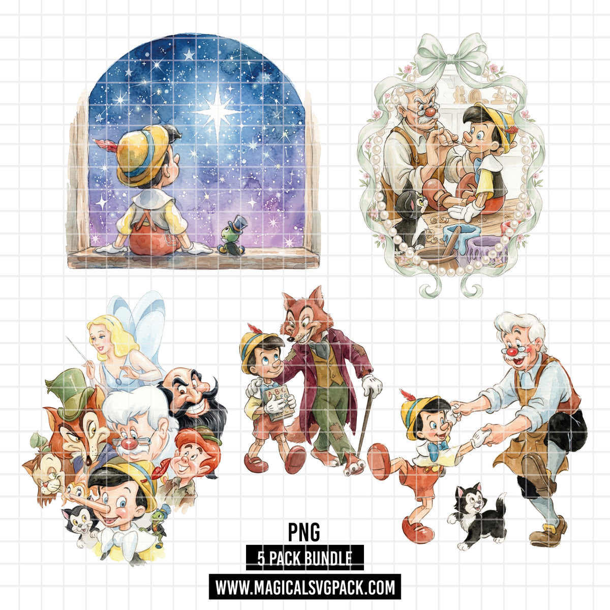 COD7458 - Pinocchio's world Watercolor PNG bundle, Disney clipart packs.