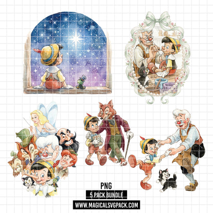 COD7458 - Pinocchio's world Watercolor PNG bundle, Disney clipart packs.