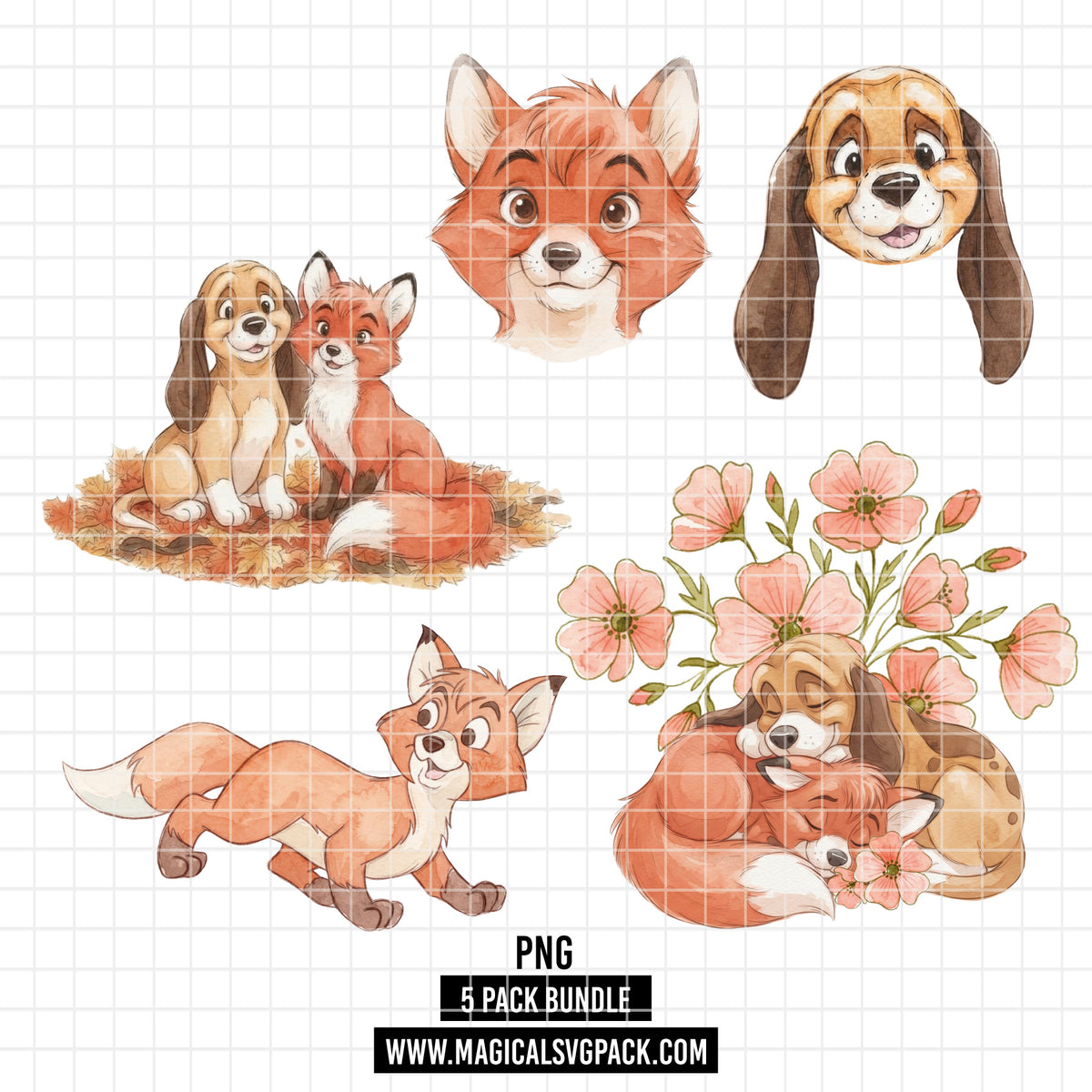 COD7462 - Tod & Copper Watercolor PNG bundle, Disney clipart packs.
