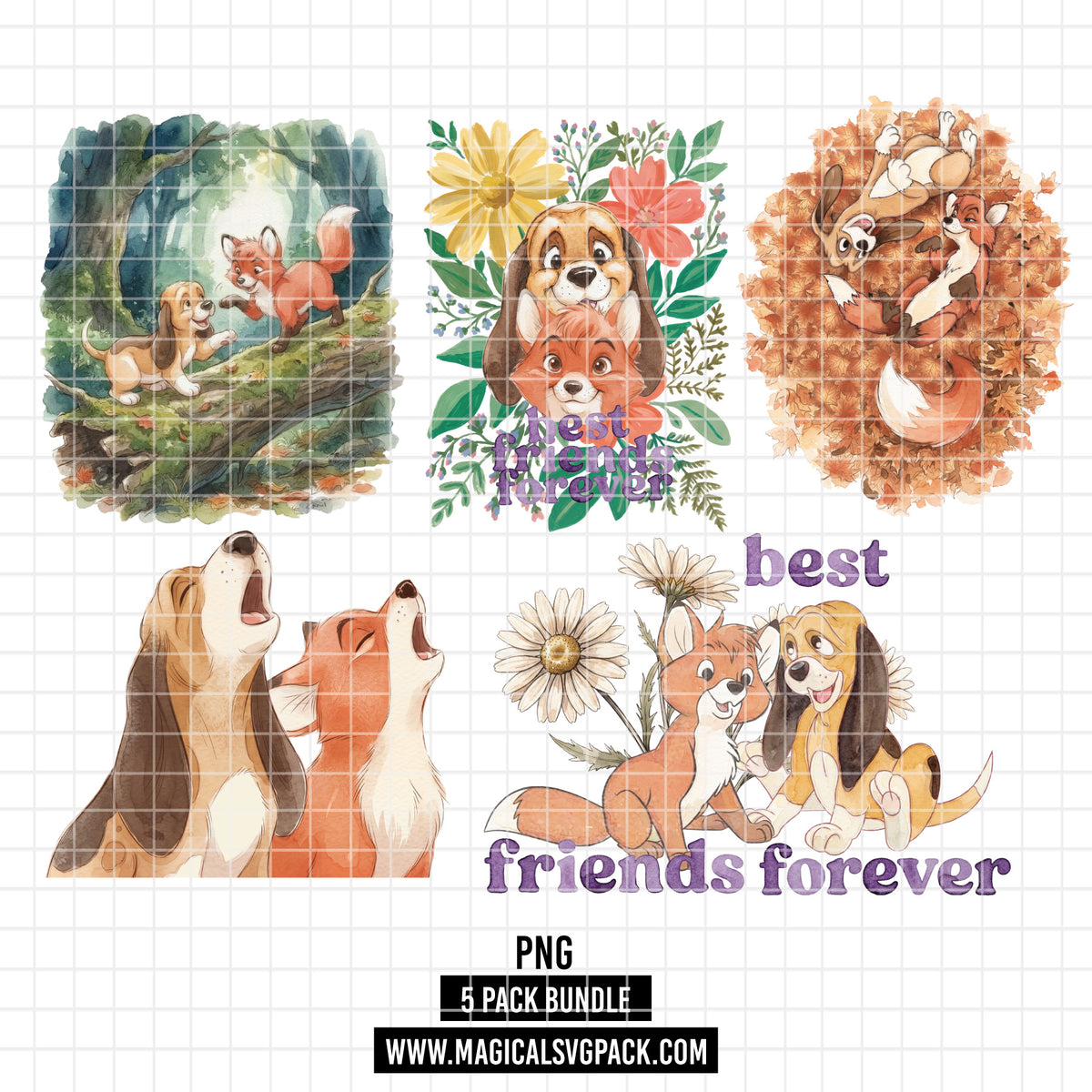 COD7463 - The Fox and The Hound Watercolor PNG bundle, Disney clipart packs.