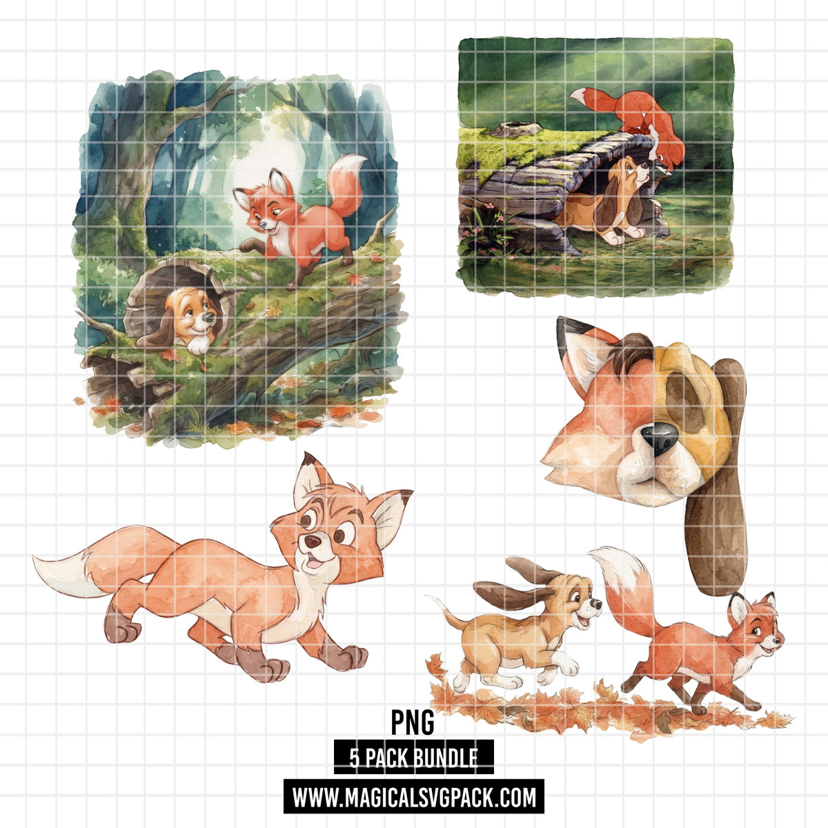 COD7464 - The Fox and The Hound Watercolor PNG bundle, Disney clipart packs.