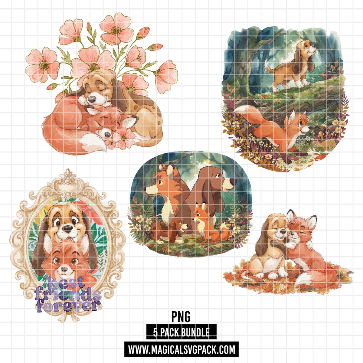 COD7465 - The Fox and The Hound Watercolor PNG bundle, Disney clipart packs.