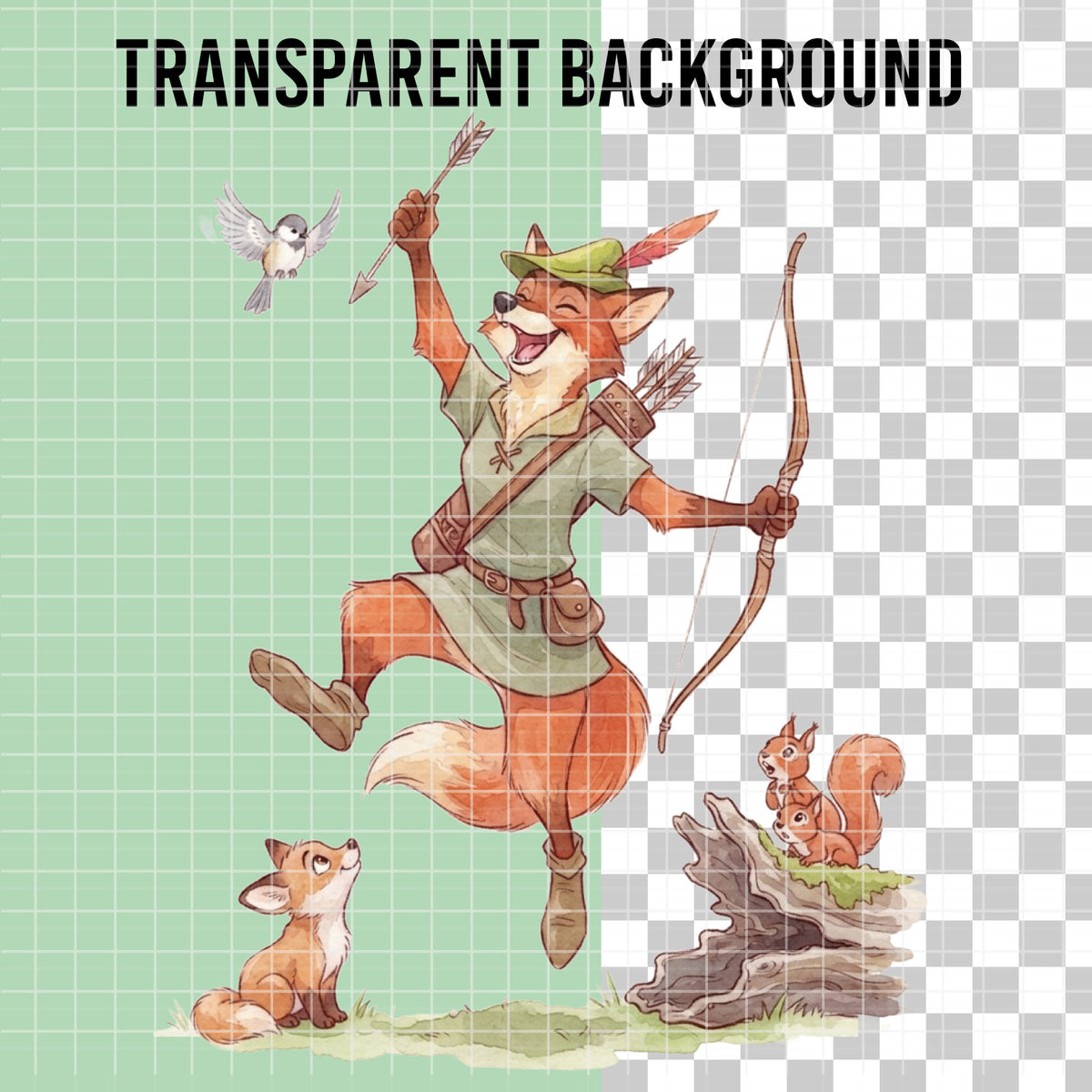 COD7473 - Robin Hood Watercolor PNG bundle, Disney clipart packs.