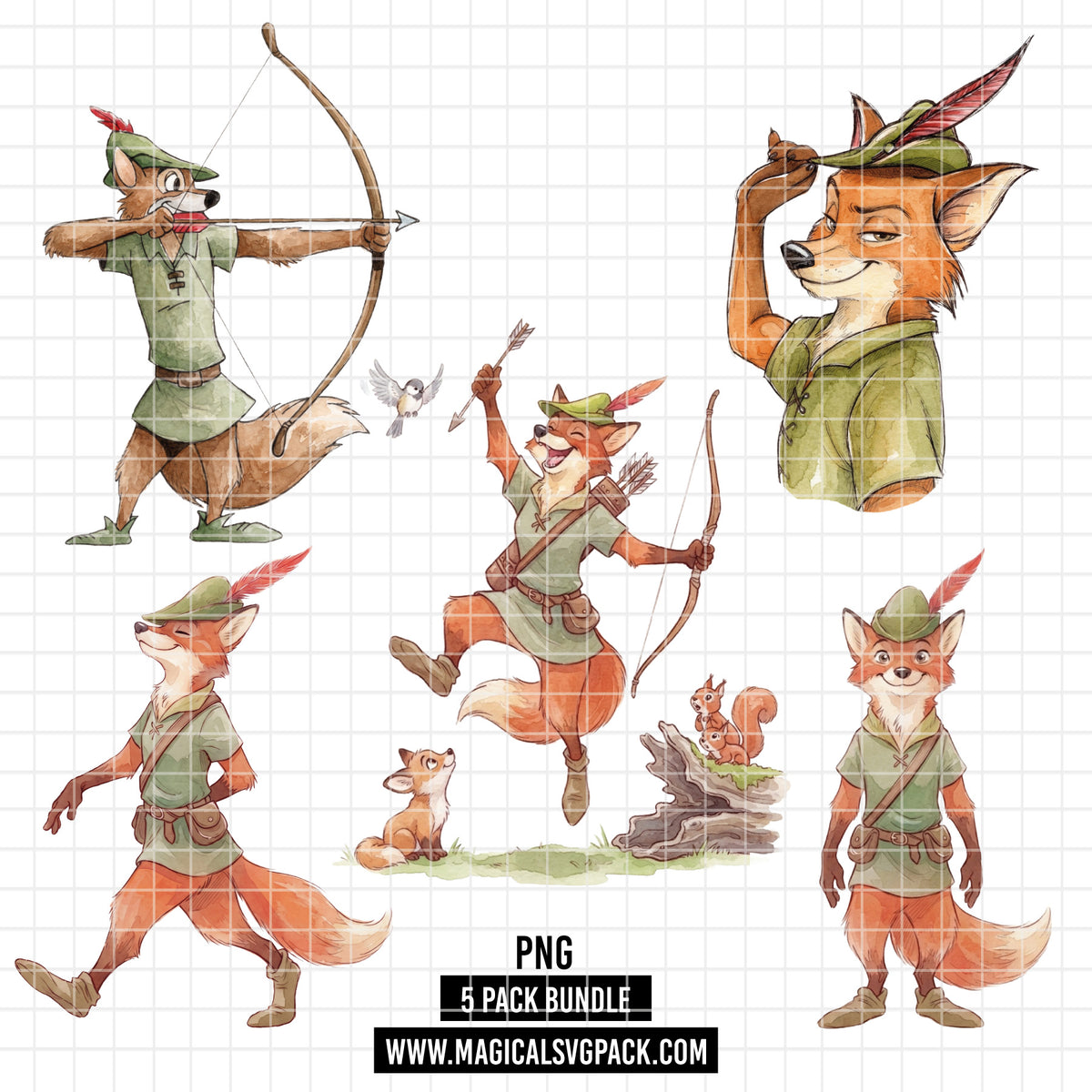 COD7473 - Robin Hood Watercolor PNG bundle, Disney clipart packs.