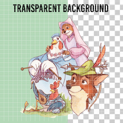 COD7474 - Robin Hood Characters Watercolor PNG bundle, Disney clipart packs.