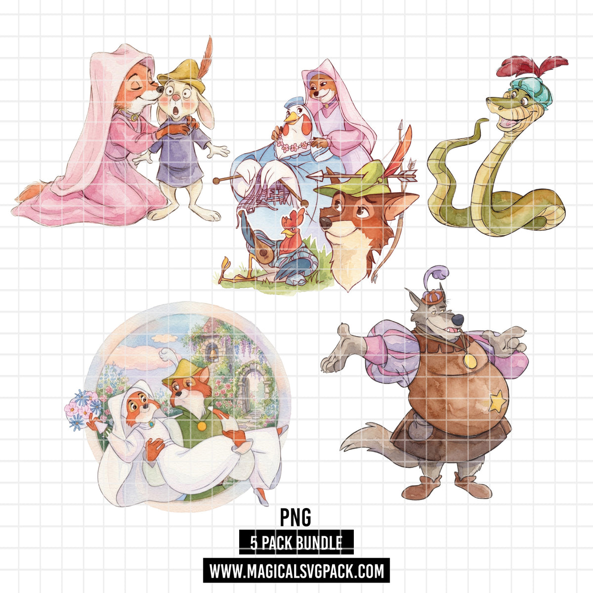 COD7474 - Robin Hood Characters Watercolor PNG bundle, Disney clipart packs.