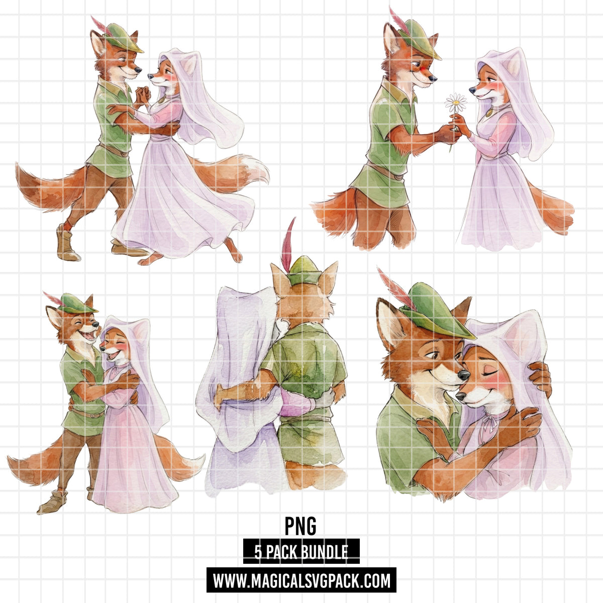 COD7475 - Robin Hood & Maid Marian Watercolor PNG bundle, Disney clipart packs.