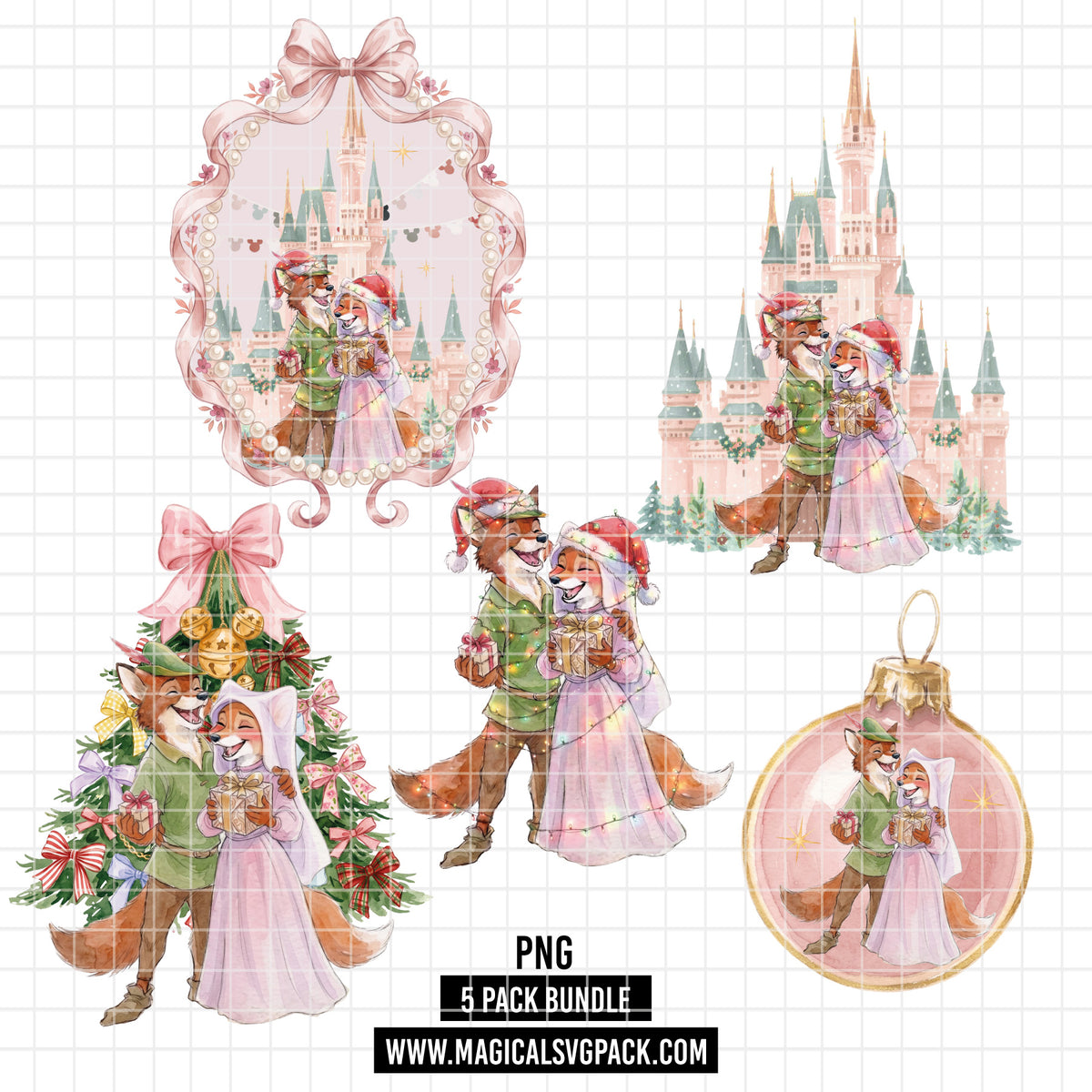 COD7476 - Robin Hood & Maid Marian in Christmas Watercolor PNG bundle, Disney clipart packs.