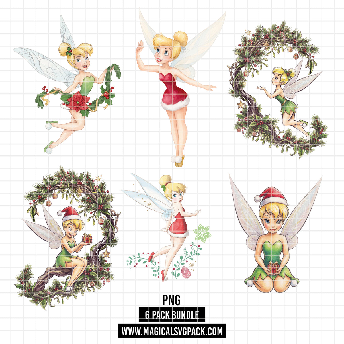 COD7479 - Tinker Bell Christmas Watercolor PNG bundle, Disney clipart packs.
