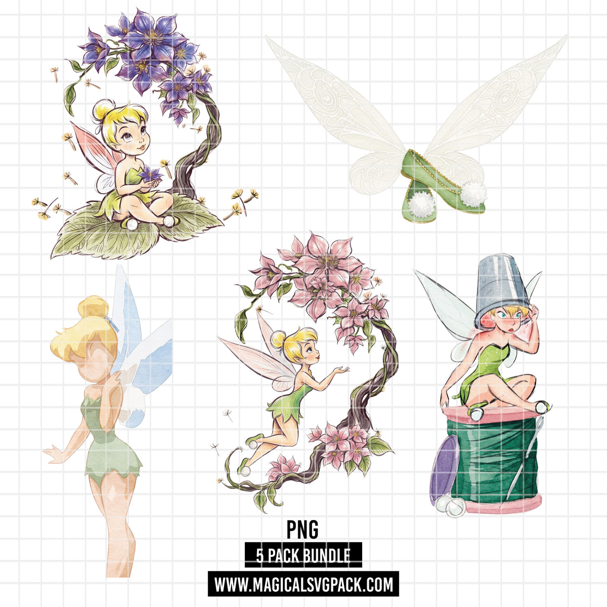 COD7484 - Tinker Bell Watercolor PNG bundle, Disney clipart packs.