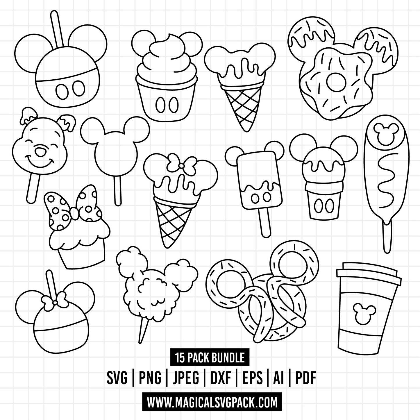 COD891 - Disney Snack Goals bundle line art, Disney trips clipart Svg, Png, Eps, Dxf, Jpeg, vector.