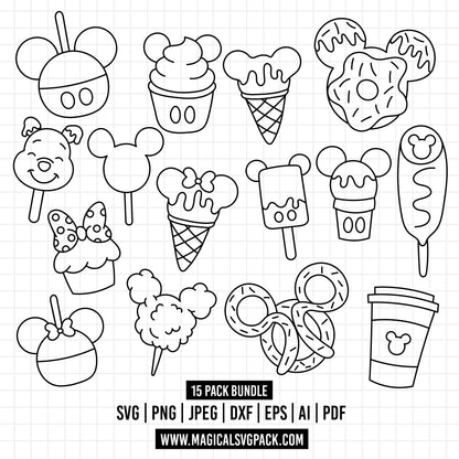 COD891 - Disney Snack Goals bundle line art, Disney trips clipart Svg, Png, Eps, Dxf, Jpeg, vector.