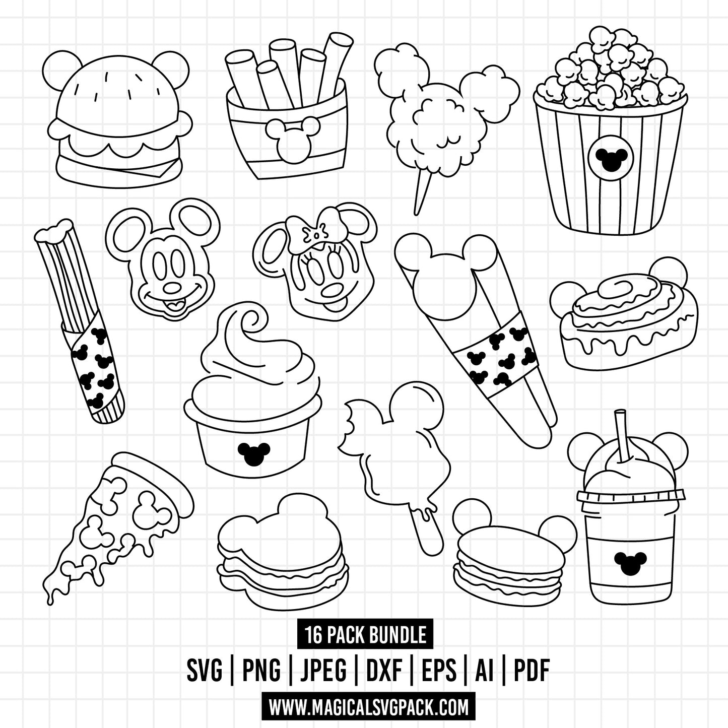 COD892 - Disney Snack Goals bundle line art, Disney trips clipart Svg, Png, Eps, Dxf, Jpeg, vector.