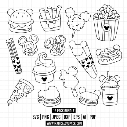 COD892 - Disney Snack Goals bundle line art, Disney trips clipart Svg, Png, Eps, Dxf, Jpeg, vector.