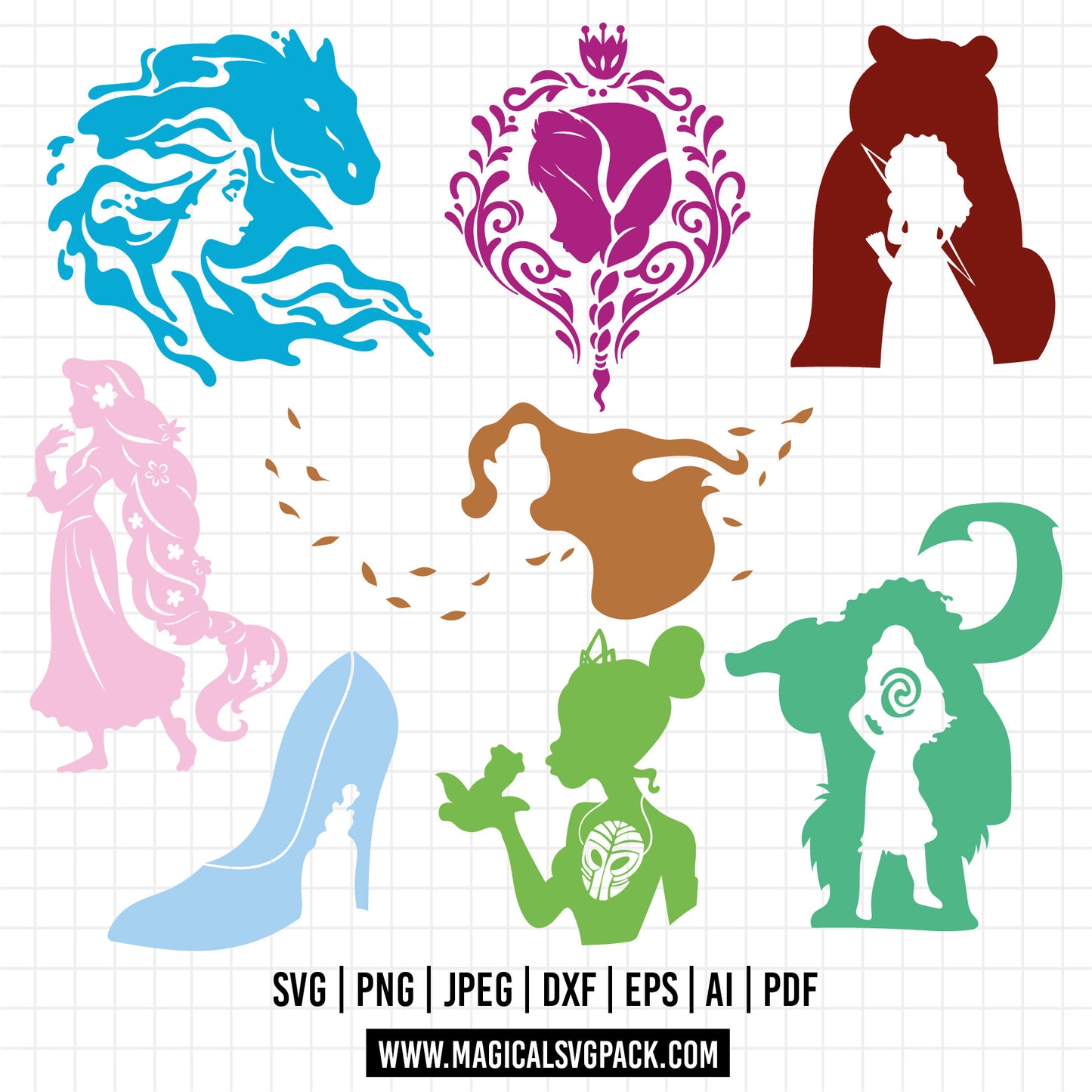 COD961 - Disney Princess Silhouettes bundle, Disney princess clipart Svg, Png, Eps, Dxf, Jpeg, vector.