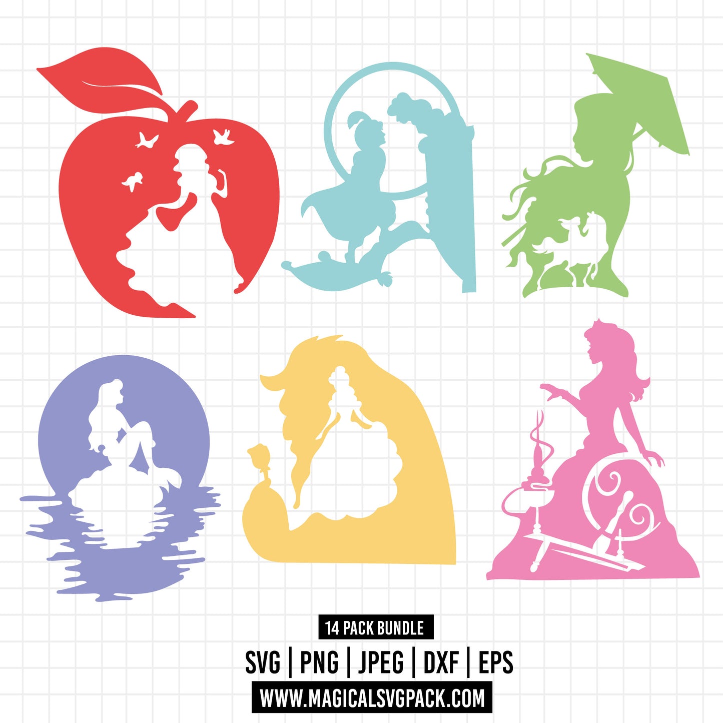 COD961 - Disney Princess Silhouettes bundle, Disney princess clipart Svg, Png, Eps, Dxf, Jpeg, vector.