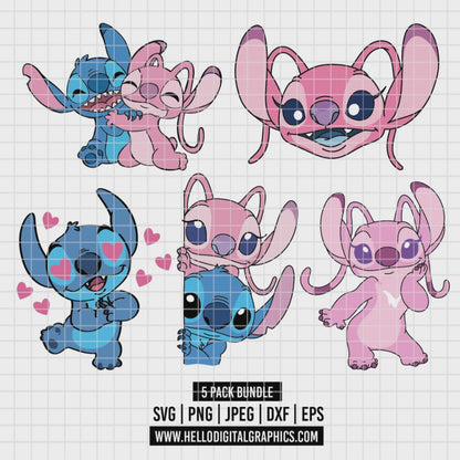COD2391 - Stitch & Angel clipart pack bundle, Disney cliparts Svg, Png, Eps, Dxf, Jpeg, vector.