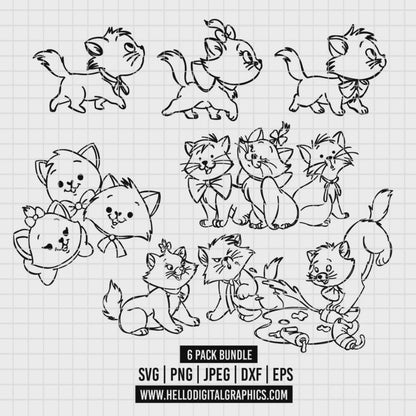 COD2529 - Kitten marie, toulouse and berlioz, The aristocats pack bundle, Disney clipart Svg, Png, Eps, Dxf, Jpeg, vector.