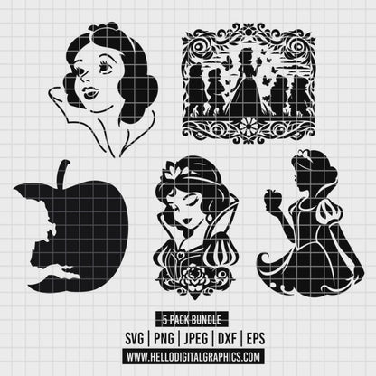 COD3532 - Snow White and the seven dwarfs silhouettes pack bundle, Disney clipart Svg, Png, Eps, Dxf, Jpeg, vector.