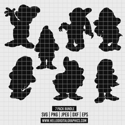 COD2722 - The seven dwarfs at Snow White silhouettes pack bundle, Disney clipart Svg, Png, Eps, Dxf, Jpeg, vector.