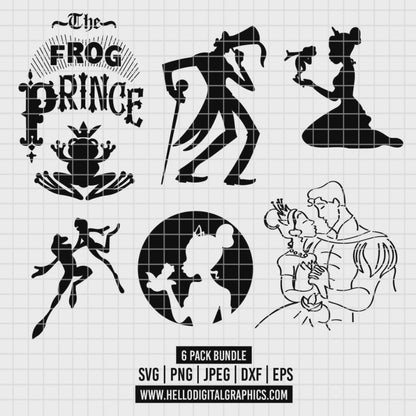 COD2395 - The princess and the frog silhouettes pack bundle, Disney princess clipart Svg, Png, Eps, Dxf, Jpeg, vector.