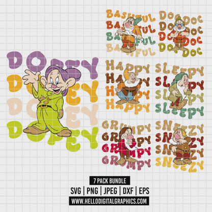 COD3168 - The seven dwarfs at Snow White pack bundle, Disney clipart Svg, Png, Eps, Dxf, Jpeg, vector.