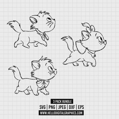COD1904 - Kitten marie, toulouse and berlioz, The aristocats pack bundle, Disney clipart Svg, Png, Eps, Dxf, Jpeg, vector.