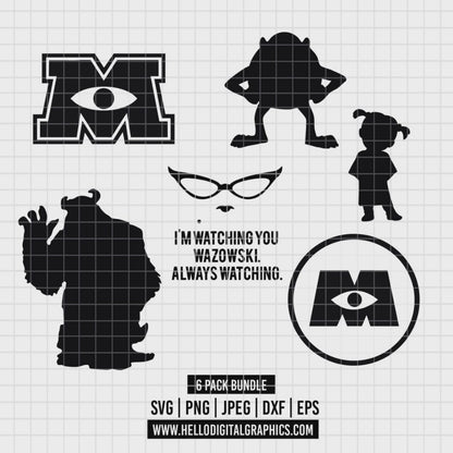 COD3473 - Monster inc. logos and silhouettes characters pack bundle, Disney clipart Svg, Png, Eps, Dxf, Jpeg, vector.